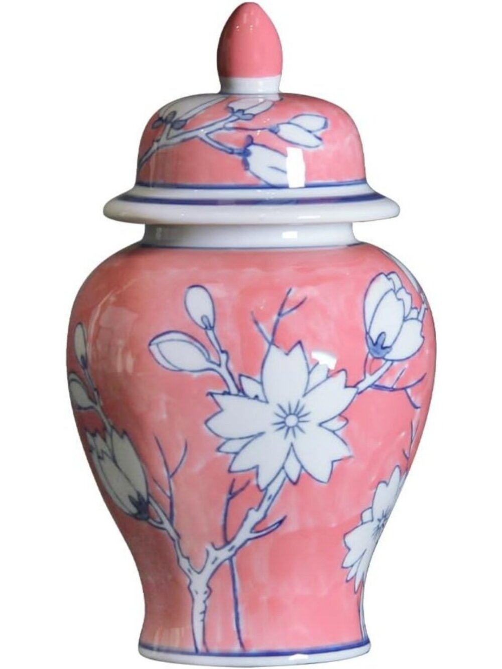 Hand-Painted Pink Floral Ginger Jar, Decorative Chinoiserie Vase with Lid, Home